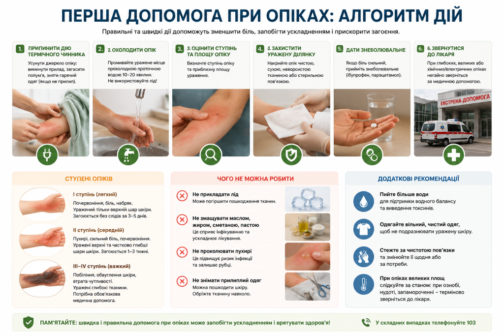 Інфографіка з покроковим алгоритмом дій при опіках: охолодження, оцінка ступеня, захист рани та звернення до лікаря