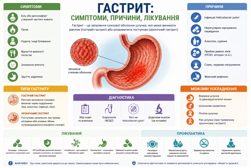 Інфографіка про гастрит з симптомами, причинами виникнення, типами, ускладненнями та профілактикою