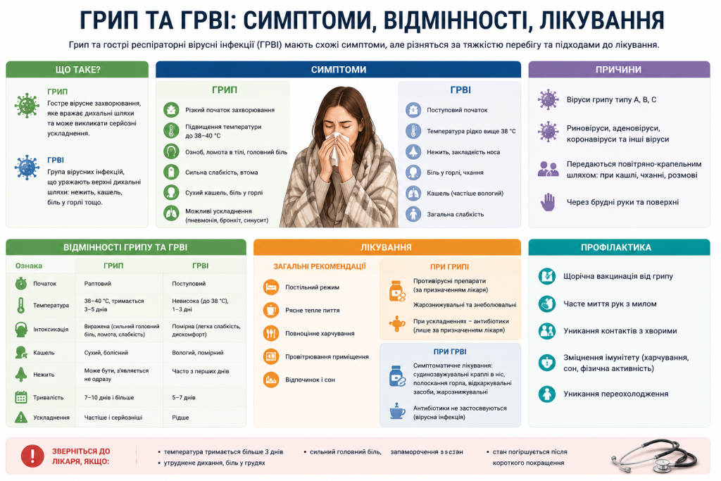 Інфографіка з порівнянням симптомів грипу та ГРВІ, причинами, лікуванням та профілактикою