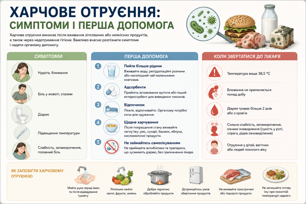 Інфографіка про харчове отруєння з симптомами, кроками першої допомоги та порадами профілактики