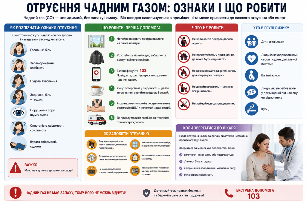Інфографіка про отруєння чадним газом з ознаками, першою допомогою, профілактикою та групами ризику