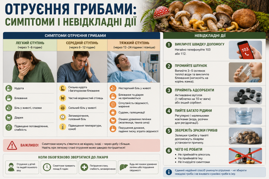 Інфографіка про симптоми отруєння грибами та алгоритм першої допомоги