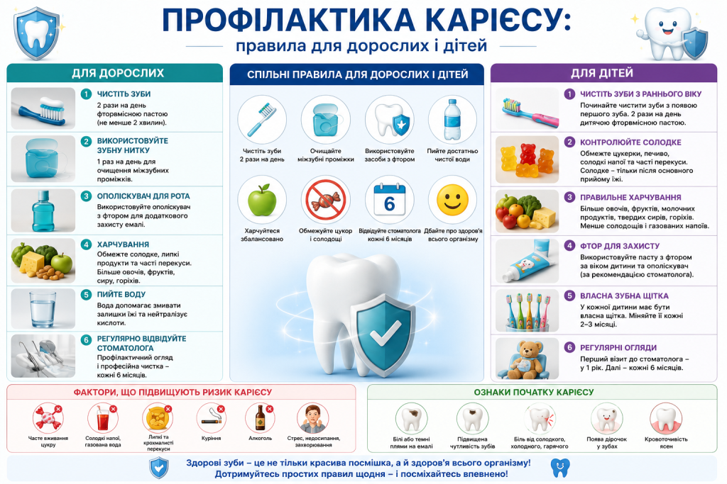 Інфографіка з правилами гігієни порожнини рота для профілактики карієсу у дорослих та дітей