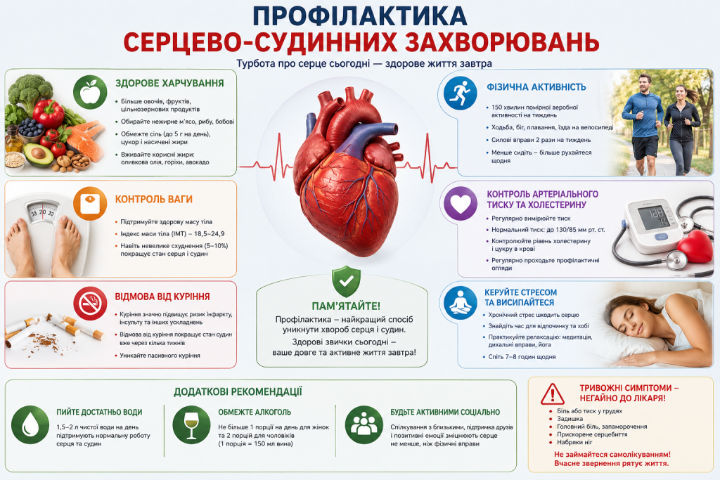Інфографіка з порадами щодо профілактики серцево-судинних захворювань і здорового способу життя.