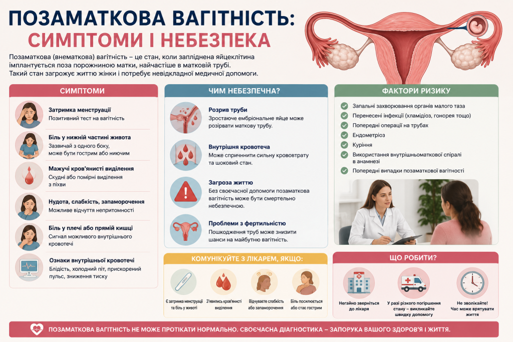 Інфографіка про позаматкову вагітність із симптомами, факторами ризику та порадами коли звертатись до лікаря