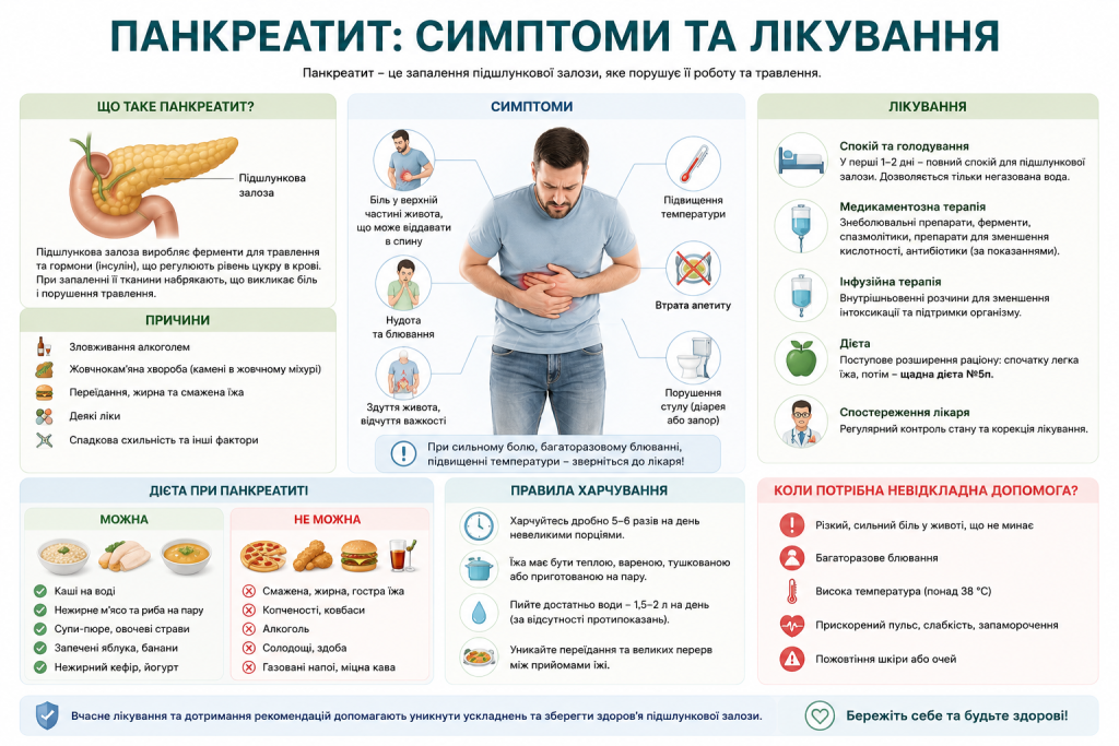 Інфографіка про панкреатит з причинами, симптомами, методами лікування та дієтою