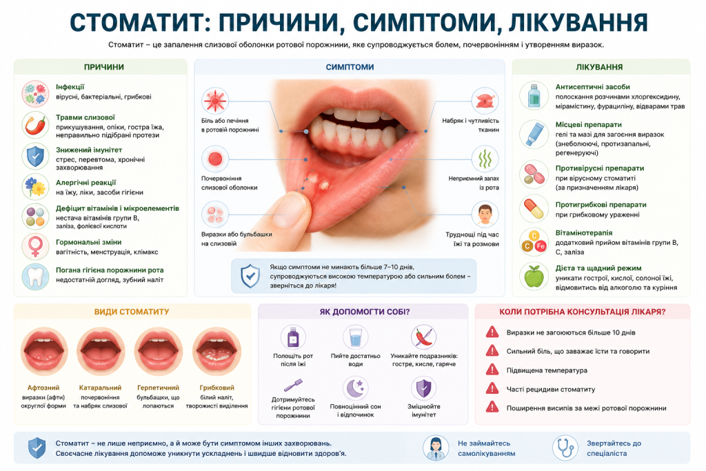 Інфографіка про стоматит з причинами виникнення, симптомами, видами та методами лікування