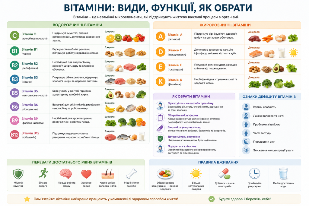 Інфографіка про водорозчинні та жиророзчинні вітаміни з їх функціями, джерелами та ознаками дефіциту