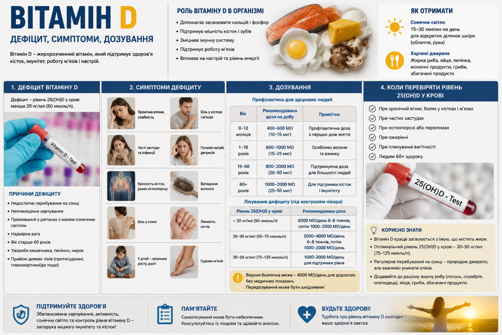 Інфографіка про дефіцит вітаміну D, симптоми, причини та рекомендовані дози