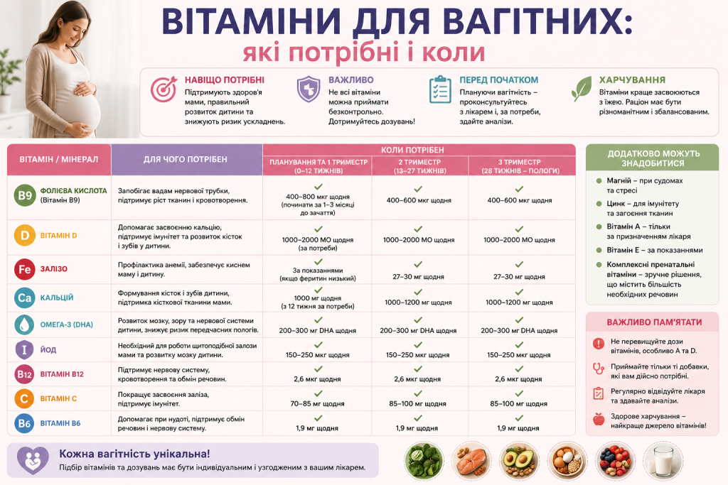 Таблиця з переліком вітамінів для вагітних за триместрами та їх дозуванням