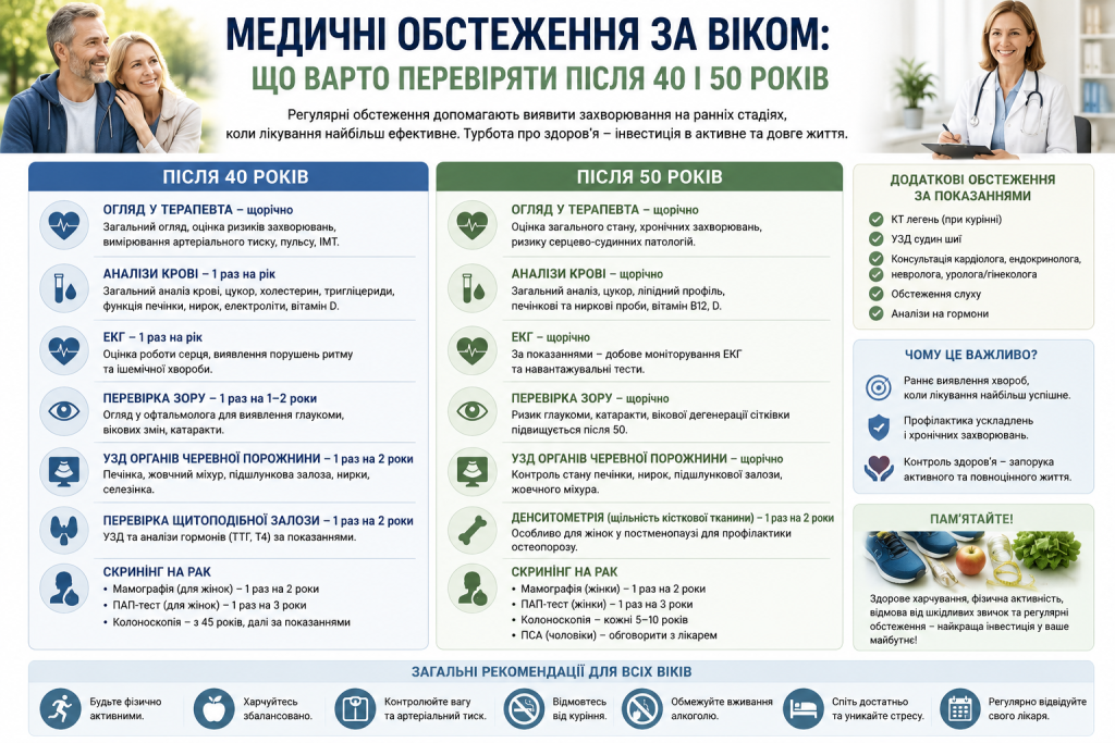 Інфографіка з переліком рекомендованих медичних обстежень для людей після 40 та 50 років