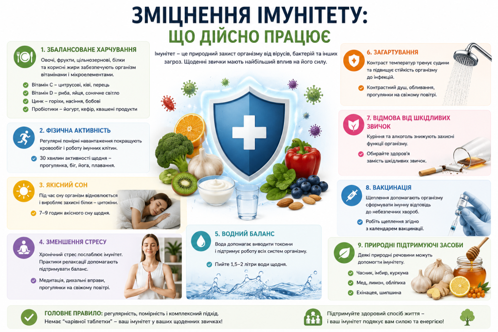 Інфографіка з дев'ятьма перевіреними способами зміцнення імунітету: харчування, сон, активність, вакцинація