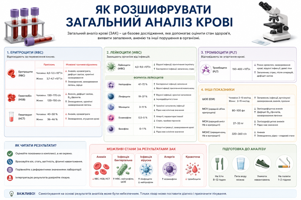 Інфографіка з поясненням показників загального аналізу крові: еритроцити, лейкоцити, тромбоцити та їх норми