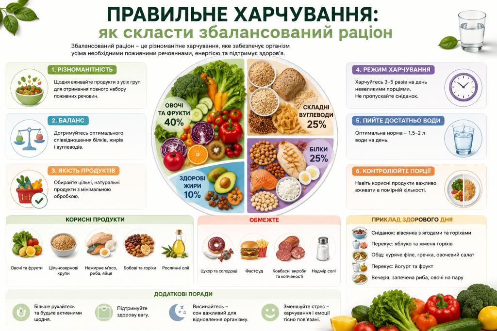 Інфографіка про принципи збалансованого харчування з розподілом тарілки на овочі, білки, вуглеводи та жири