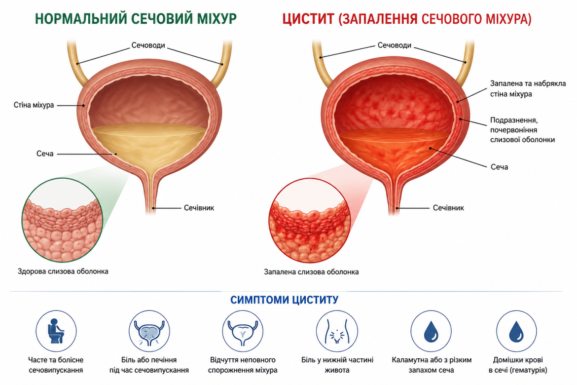 Медична схема з порівнянням нормального сечового міхура та циститу із позначенням основних змін і симптомів.