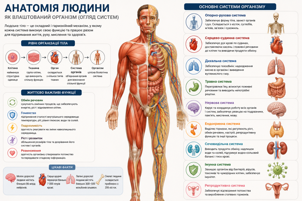 Інфографіка про анатомію людини — рівні організації тіла, основні системи організму від опорно-рухової до репродуктивної, життєво важливі функції та цікаві факти