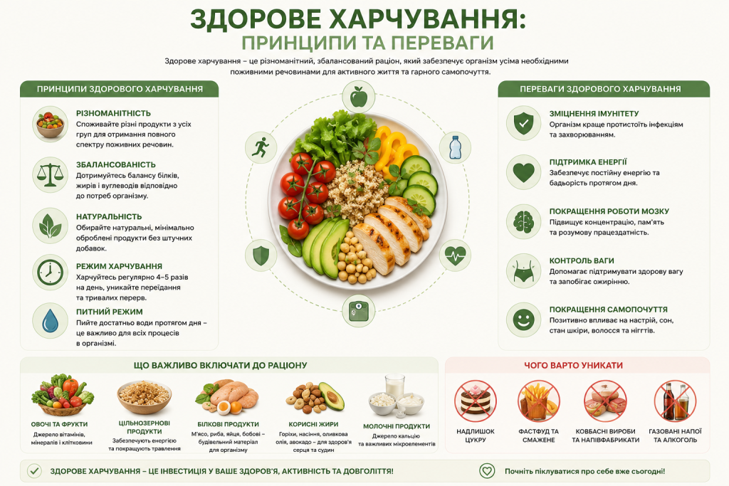 Інфографіка про принципи здорового харчування з тарілкою корисних продуктів та перевагами для організму