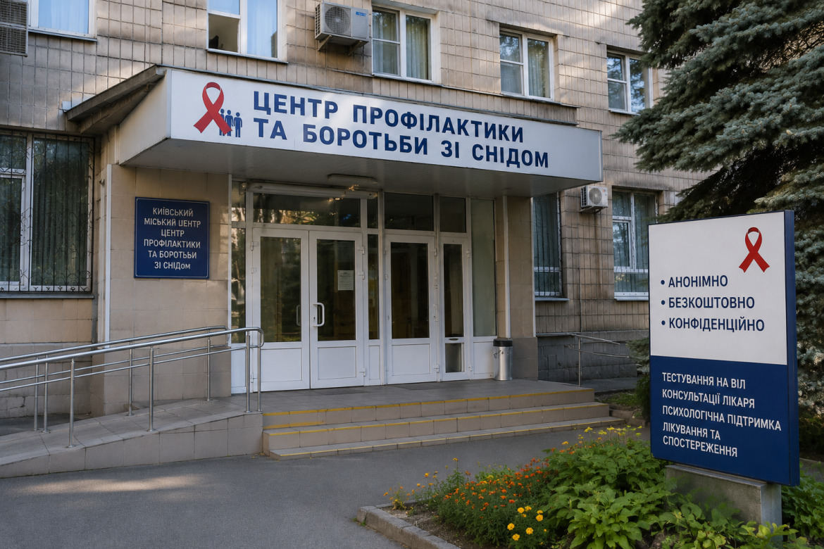Будівля Центру профілактики та боротьби зі СНІДом із вивіскою про анонімне, безкоштовне та конфіденційне тестування на ВІЛ, консультації лікаря і психологічну підтримку.