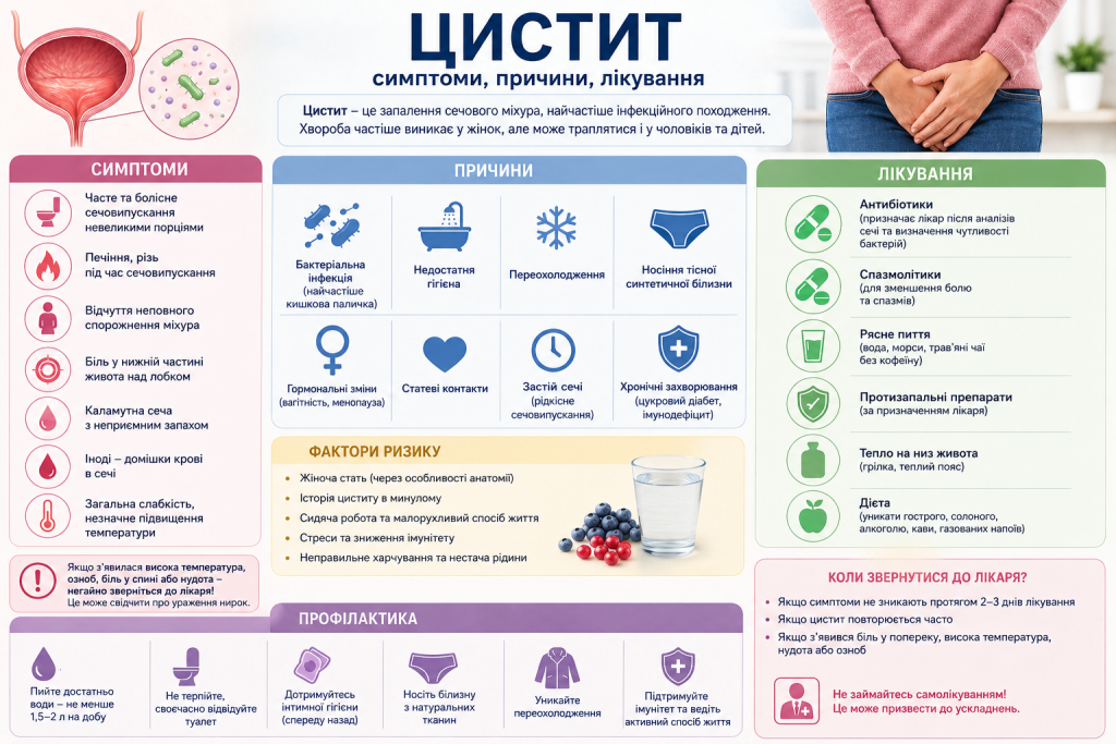 Інфографіка про симптоми, причини, фактори ризику, профілактику та лікування циститу.