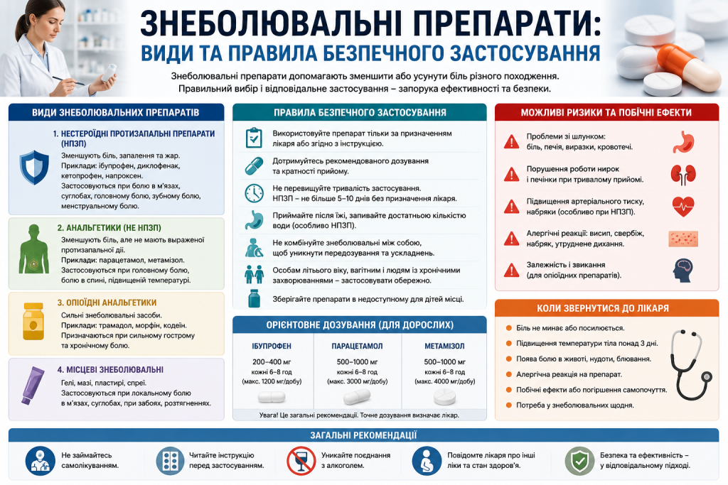 Інфографіка про види знеболювальних препаратів, правила безпечного застосування та можливі ризики