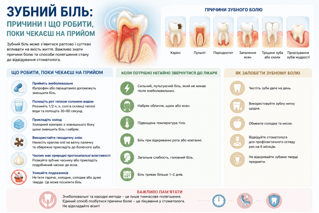 Інфографіка про причини зубного болю, способи полегшення стану та поради коли терміново звертатись до стоматолога