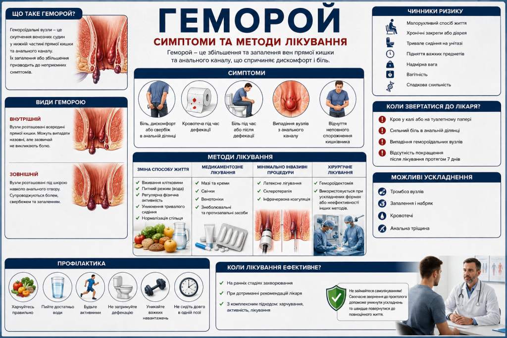 Медична інфографіка про геморой, його симптоми, види, фактори ризику, лікування та профілактику