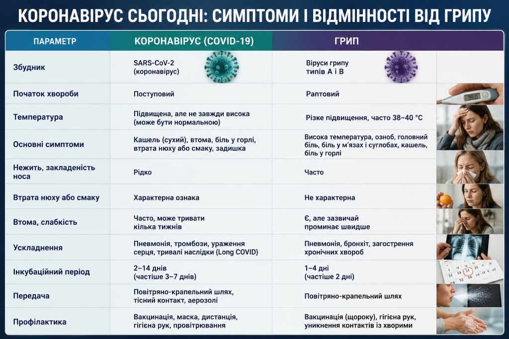 Порівняльна таблиця симптомів COVID-19 і грипу, особливостей перебігу, ускладнень та профілактики.