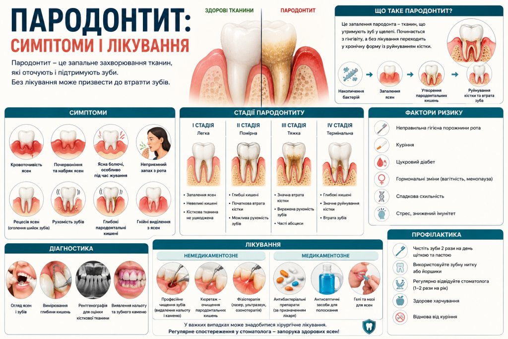 Інфографіка про пародонтит, його симптоми, стадії розвитку, діагностику, лікування та профілактику