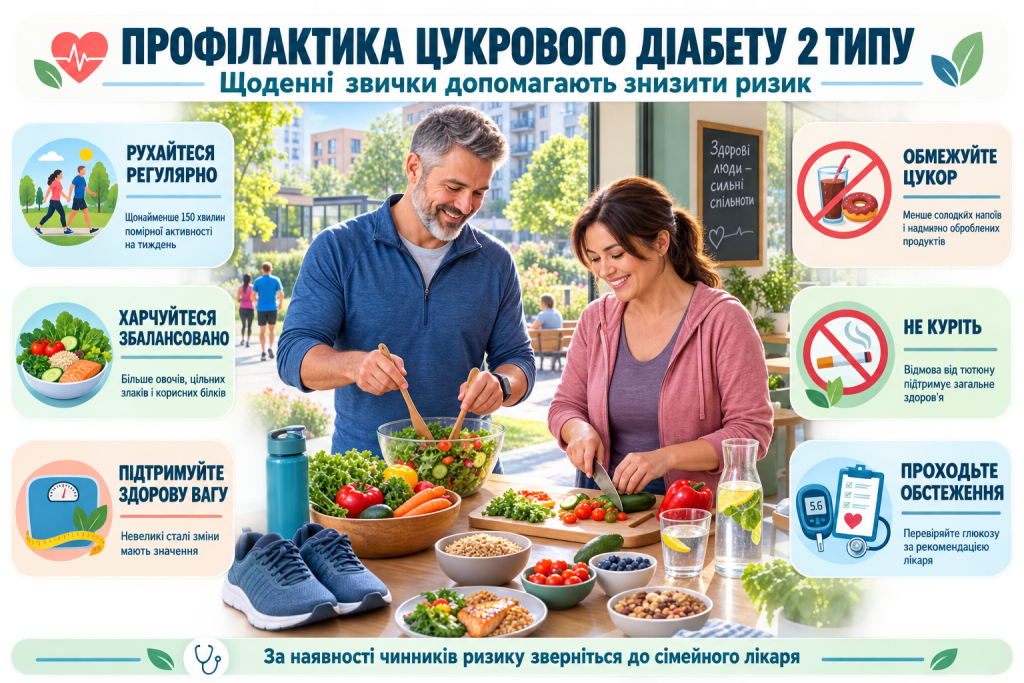 Інфографіка про профілактику цукрового діабету 2 типу за допомогою фізичної активності, збалансованого харчування, контролю ваги та обстежень.