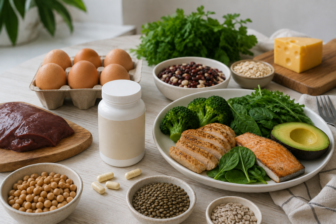 Продукти, багаті на вітаміни групи B: яйця, риба, печінка, бобові, зелень, броколі, авокадо та крупи.