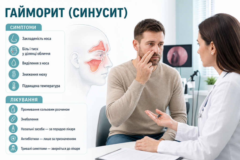 Медична інфографіка про симптоми гаймориту, біль і тиск у ділянці обличчя, закладеність носа та способи лікування