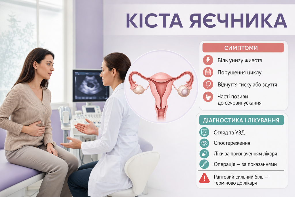 Медична інфографіка про симптоми кісти яєчника, діагностику за допомогою УЗД та основні підходи до лікування
