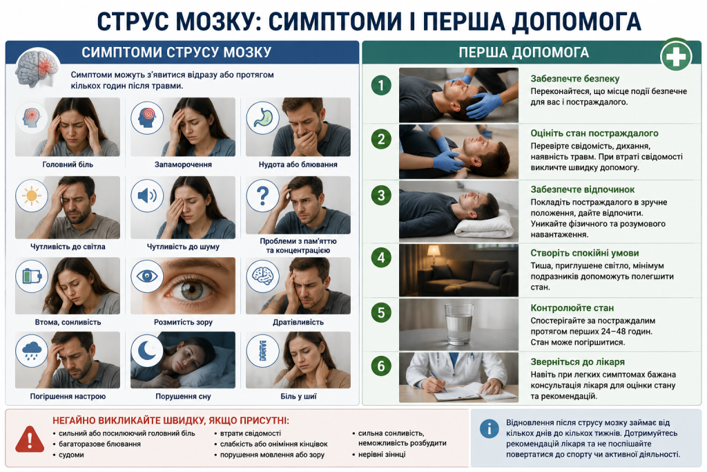 Інфографіка з основними симптомами струсу мозку, правилами першої допомоги та небезпечними ознаками.