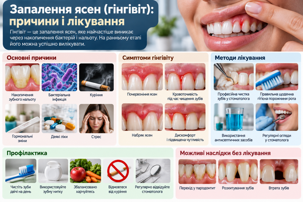 Інфографіка про гінгівіт, причини запалення ясен, основні симптоми, лікування та профілактику