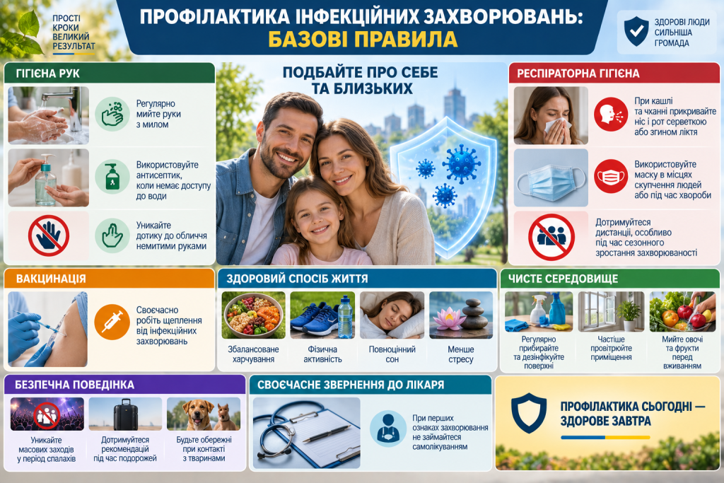 Інфографіка про профілактику інфекційних захворювань, гігієну рук, вакцинацію, респіраторний захист і здоровий спосіб життя
