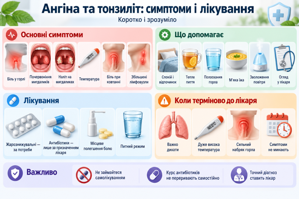 Медична інфографіка про ангіну та тонзиліт з основними симптомами, способами лікування, рекомендаціями та ознаками, за яких потрібно звернутися до лікаря.
