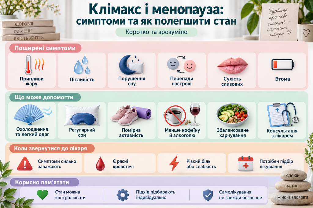 Інфографіка про основні симптоми клімаксу та менопаузи, способи полегшення стану і випадки, коли варто звернутися до лікаря.