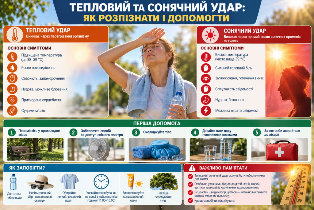 Інфографіка про симптоми теплового та сонячного удару, правила першої допомоги та способи профілактики перегрівання